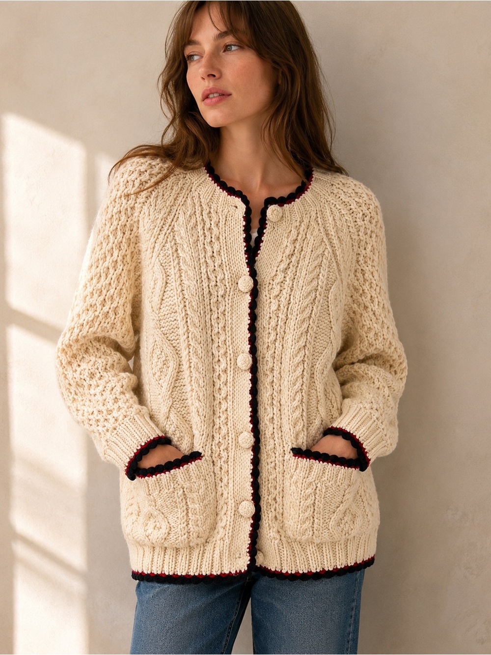 DÔEN Tamara Cardigan in cream merino wool with red and black crochet Medium Doen